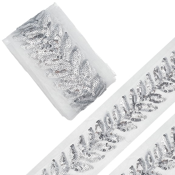 5Yards Polyester Plastic Paillette Embroidery Ribbons Leaf for Clothes Decoration Silver 2-3/4 inch(70mm)