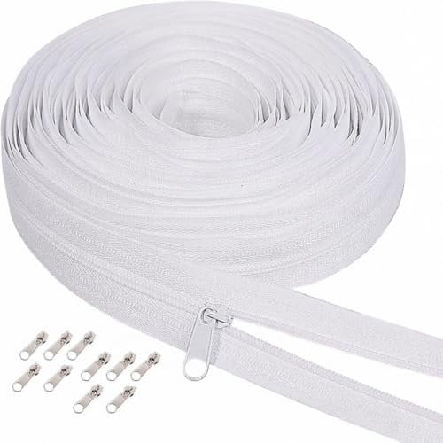 5Yards White Nylon Coil Zipper by The Yards, #3 Bulk Zippers for DIY Sewing Craft Bags with Replacement 15PCS Sliders (#3 White)