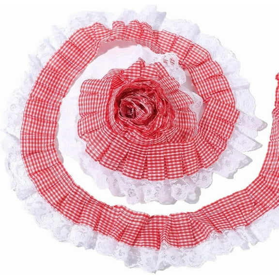 5Yds Red Gingham Pleated Ruffled Ribbon Trim 2.5 Inch Organza Gathered Checkered Taffeta Plaid Woven Fabric Embroidered Applique Edging Trimming Mesh for DIY Sewing Dress Embellishment