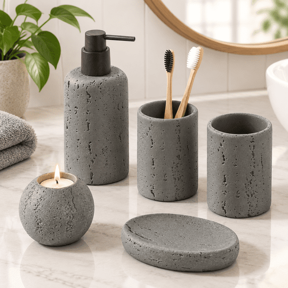 5bathroom Accessories Set Travertine Stone Look Grey