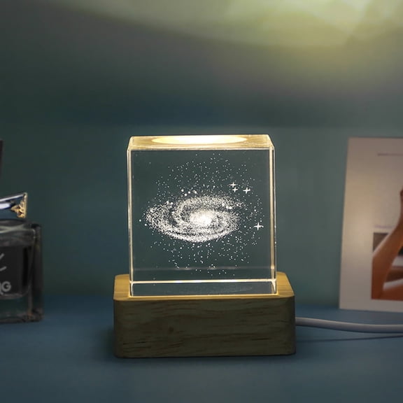 5cm Non-Luminous Crystal Cube Desk Accessory with Solar System Carving Luminous Wooden Base for Student Birthday