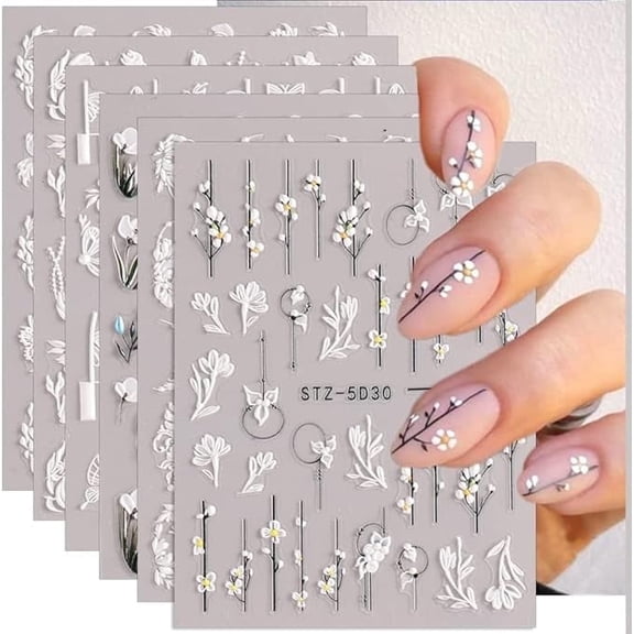 6 pcs 5d 3d Embossed Hollow Lace Butterfly Flower Adhesive Nail Sticker, Self-adhesive Nail Sticker, Flower Nail Sticker, Nail Design Nail Sticker, Diy Nail Decoration Nail Sticker