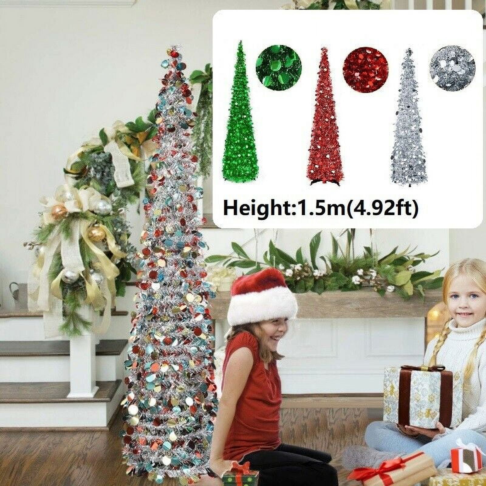 Leyndo 3 Pcs 3 4 5 Ft Collapsible Artificial Christmas Tree With LED Light Pop Up Green And Silver Sequined Pop Up Tinsel Pencil Skinny Xmas Tree For Indoor Home Fireplace