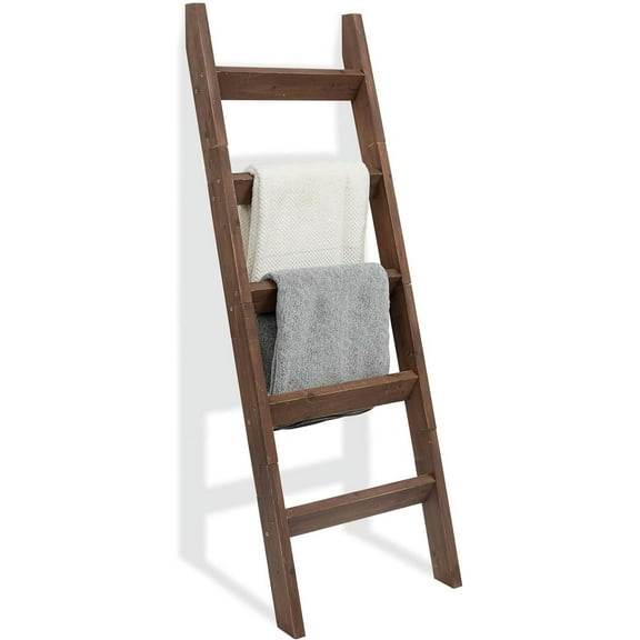 5ft (58") Wood Blanket Ladder Living Room Decorative Wall Leaning Farmhouse Quilt Display Holder Storage Rustic Wooden Towel Rack for Bathroom, Brown