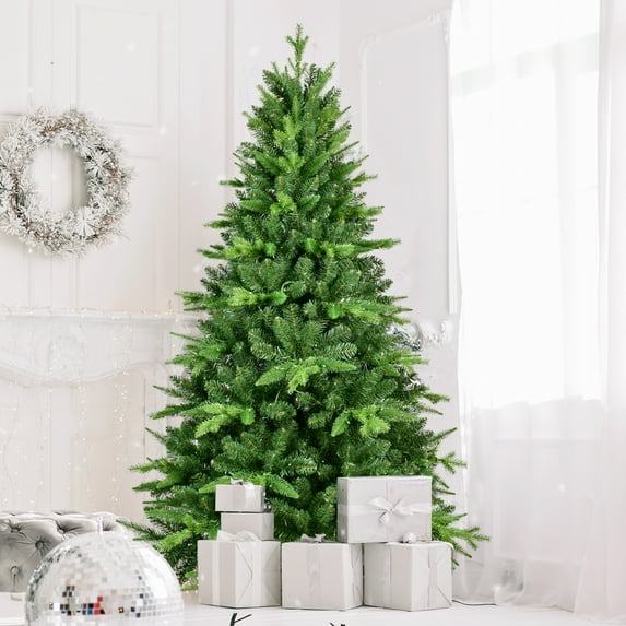 5ft/6ft/7ft Pre-lit Artificial Christmas Tree With Lights, Fake Christmas Tree With Sturdy Metal Base, Realistic Fluffy Xmas Tree For Home Decoration, Easy Assembly