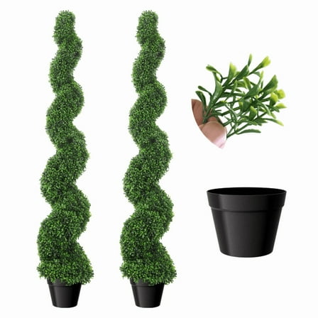 Artificial Boxwood Topiary Tree, 5ft Tall (2 Pieces) Faux Plant Outdoor, 7in Base, Spiral Topiary Trees Artificial Outdoor, Home, Yard, Porch