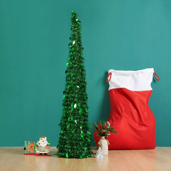 simeccom Christmas Tree Artificial Xmas Tree, 5 Ft Pop Up Tinsel Trees Collapsible Reusable Slim Tree Easy-Assembly for Home Christmas Decoration Green