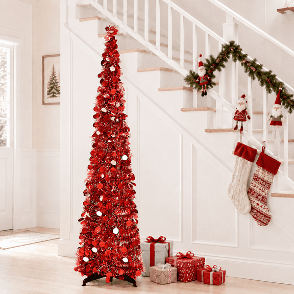 simeccom Christmas Tree Artificial Xmas Tree, 5 Ft Pop Up Tinsel Trees Collapsible Reusable Slim Tree Easy-Assembly for Home Christmas Decoration Red
