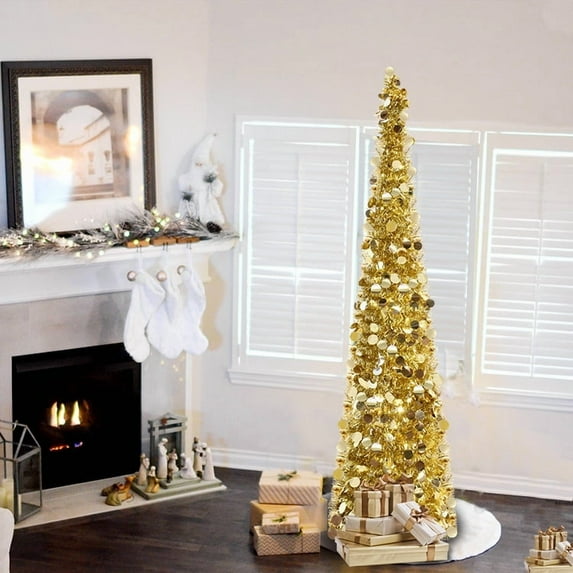 simeccom Christmas Tree Artificial Xmas Tree, 5 Ft Pop Up Tinsel Trees Collapsible Reusable Slim Tree Easy-Assembly for Home Christmas Decoration Golden