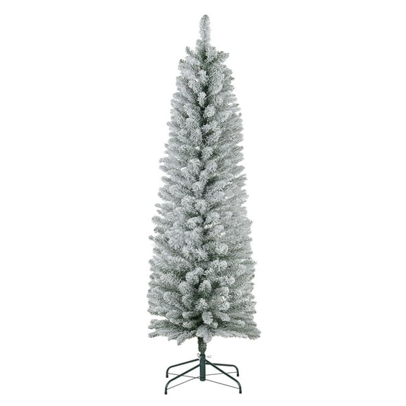 5ft Artificial Christmas Tree, Snow Flocked Branches, Metal Base, Pencil Xmas Tree