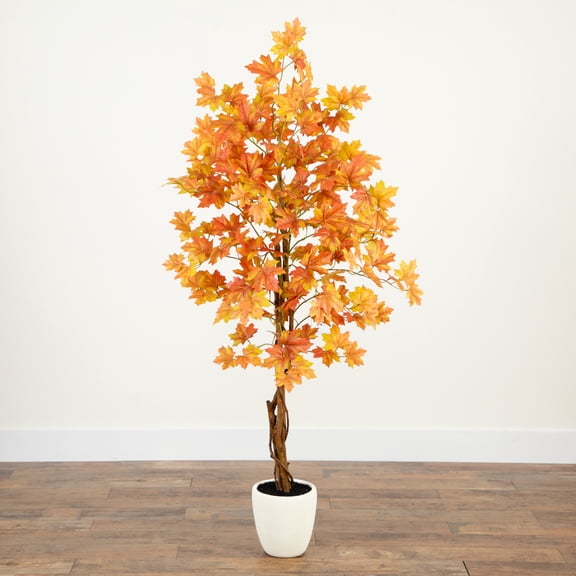 Nearly Natural Double Trunk Maple Artificial Potted Tree - 5' - Orange and Yellow