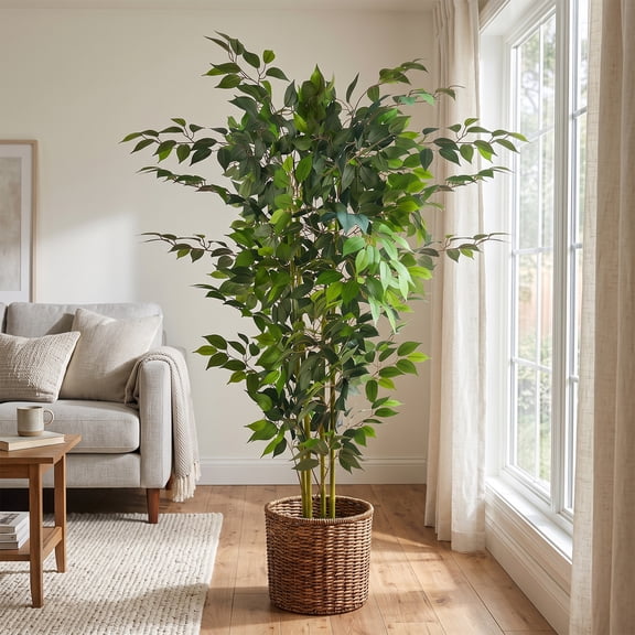 5ft Artificial Ficus Tree with Natural Trunk & Dense Foliage, Realistic Faux Ficus Tree with Lifelike Leaves, Sturdy Pot, Tall Fake Plants for Home Office Living Room, Porch, Garden Decor
