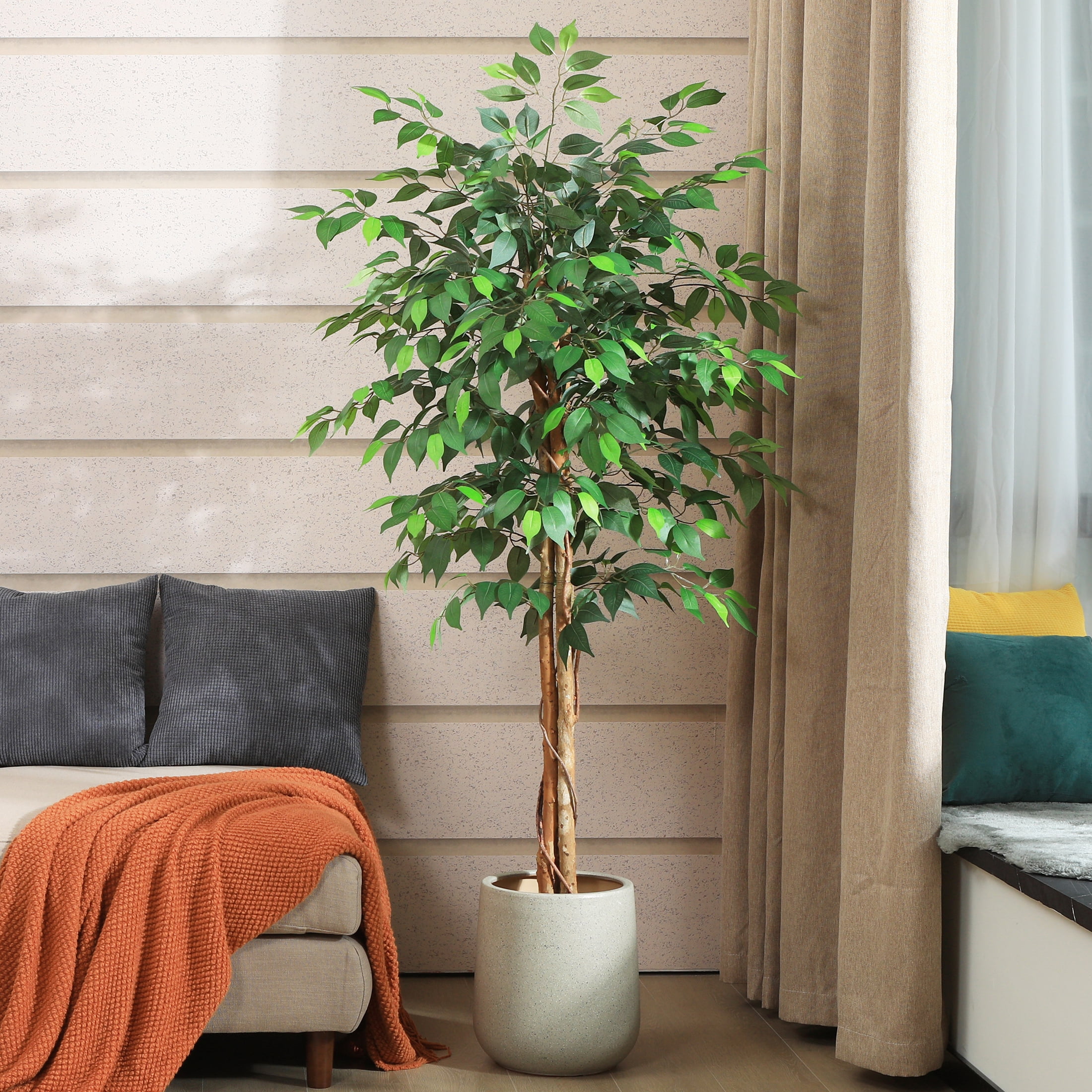 5ft Indoor Ficus Tree, Natural Wood Trunk, Silk Fake Plant in Plastic