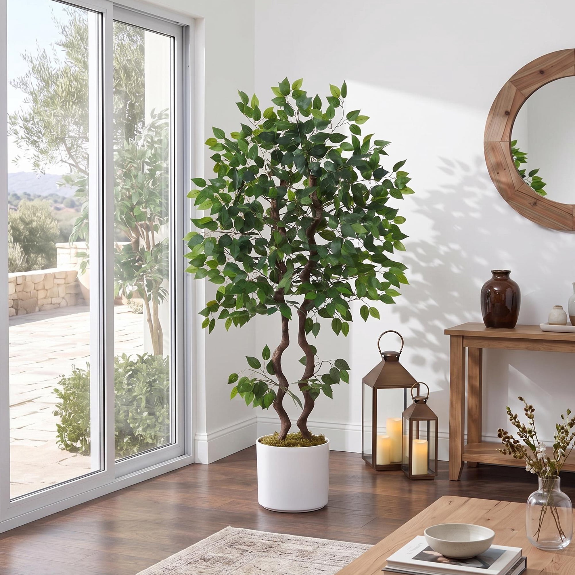 5ft Artificial Ficus Tree, Tall Faux Banyan Tree Floor Plant with Realistic PVC Trunk and Full Dense Foliage, Indoor Home Office Living Room Decor