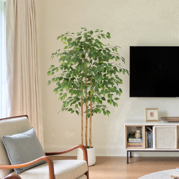 RosyHaven 5ft Resistant UV Artificial Ficus Tree with Exquisite White Planter, Real Wood Trunks, 60"Realistic Faux Ficus Tree, Fake Ficus Tree Indoor for Living Room Bedroom Dining Room Balcony Pat