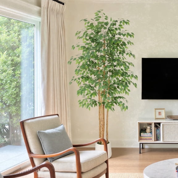 RosyHaven 7ft Resistant UV Artificial Ficus Tree with Exquisite White Planter, Real Wood Trunks, 84"Realistic Faux Ficus Tree, Fake Ficus Tree Indoor for Living Room Bedroom Dining Room Balcony Pati