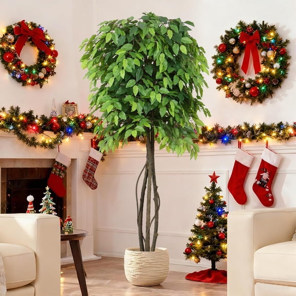5ft Artificial Ficus Trees for Home Indoor Decor,Faux Banyan Plant with Leaves Curved Trunks Fake Green Lifelike Tree for Living Room Office Garden Christmas New Year Decor