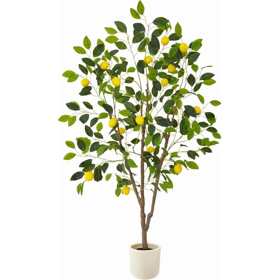 Artificial Lemon Tree 5ft Tall with White Planter and Faux Fruit