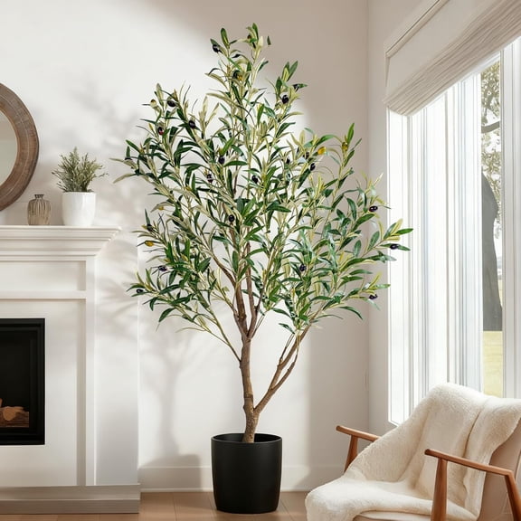 5ft Artificial Olive Tree, Realistic Faux Olive Plant with Hand-Placed Fruits, Sturdy Fake Olive Tree for Living Room, Office, Modern Farmhouse Home Decor