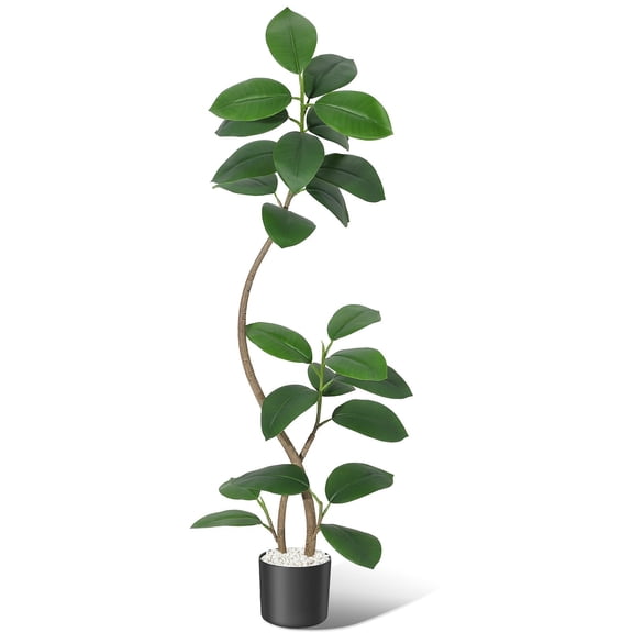 5ft Artificial Rubber Tree, Tall Fake Plants with Black Planters, Artificial Plants Indoor with White Pebbles for Home Decor Office Living Room