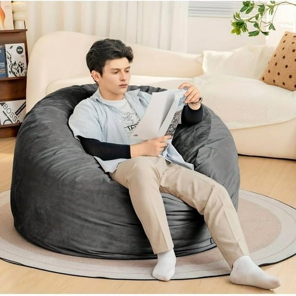 5ft Bean Bag Chair, Velvet BeanBag Chairs for Adults with Memory Foam, Round Cloud Couch with Machine Washable Cover, Gray