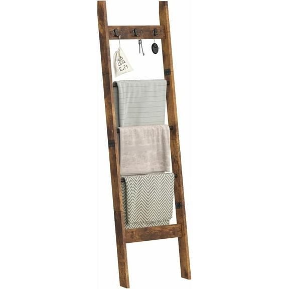 5ft Blanket Ladder for Living Room, 5-Tier Decorative Quilt Rack with 3 Removable Hooks, Farmhouse Throw Blanket Holder Shelf for Bedroom, Rustic Brown and Black