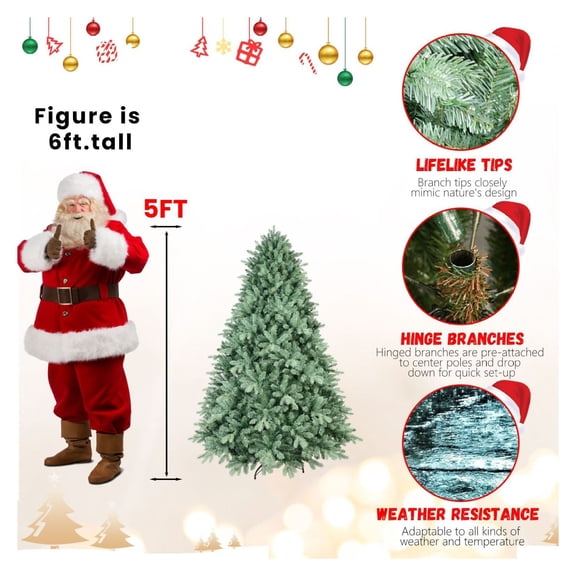 5ft Blue-Green Tint Christmas Tree - PE/PVC Hinged Xmas Tree with Iron Wire, Fireproof & Realistic - Holiday Decor for Home, Indoor Use