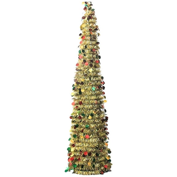 5ft Collapsible Artificial Christmas Tree, Pop Up Yellow Tinsel Coastal Christmas Tree for Holiday Carnival Party Home Office Fireplace Decorations