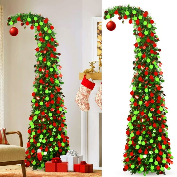 5ft Collapsible Pencil Xmas Tree - Pop Up, Built-In Lights, Easy Assembly/Storage - Sequined Artificial Decor for Home/Fireplace/Porch - Halloween & Christmas Holiday Use