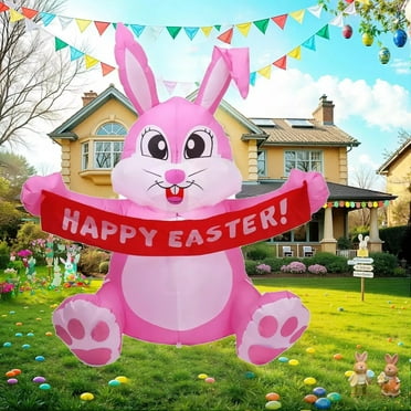 5ft Easter Inflatable Bunny Outdoor Yard Decor with LED Lights Easter Blow up Decoration Garden