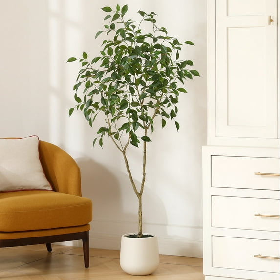 5ft Fake Ficus Tree with Oval White Planter, Pre Potted Faux Greenry Plant for Home Decor Office House Living Room Indoor Outdoor, Big Fake Plants Fake House Plants
