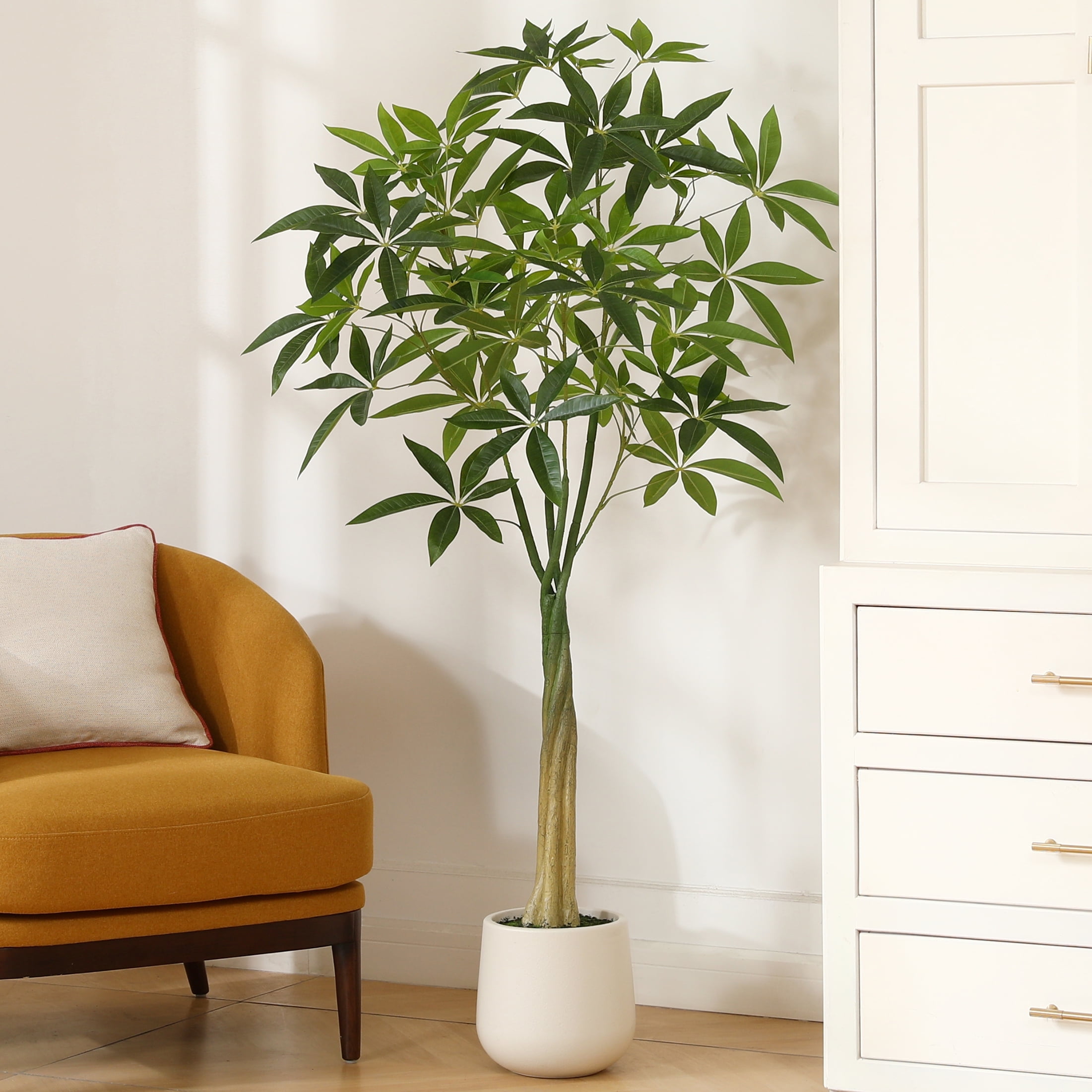 5ft Fake Ficus Tree with Oval White Planter, Pre Potted Faux Money Tree