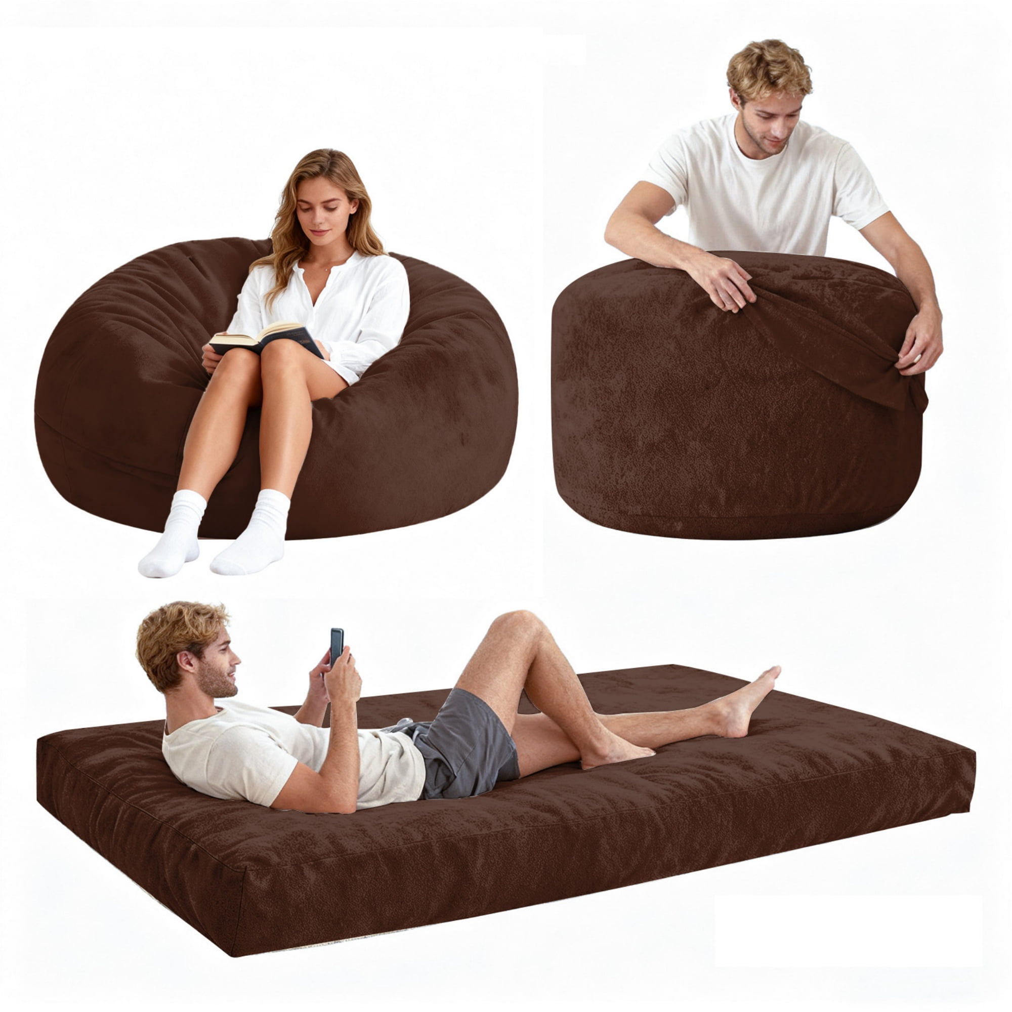 5ft Faux Fur Convertible Bean Bag Bed, Giant Bean Bag Chair with Removable Washable Cover, Large Lazy Floor Sofa with Side Pocket for Living Room, Bedroom, Dorm, Brown