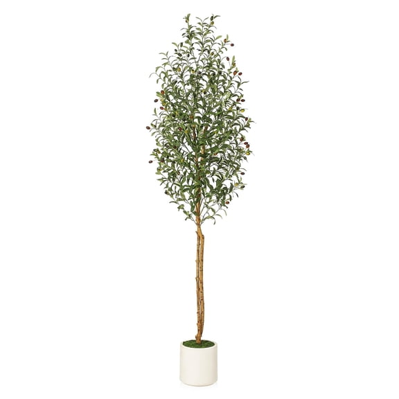 5ft Faux Olive Tree Potted in White Planter, Artificial Tree with 2 Natural Wood Trunks, Realistic Fake Floor Plant for Living Room, Home & Office Decor