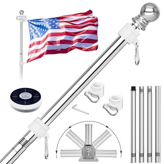 5ft Flag Pole For Outside House With Solar Light Tangle Free Stainless Steel Kit 180° Adjustable Holder & Bracket (no Flag)