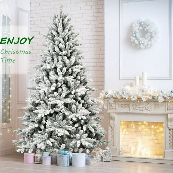 5ft Flocked Christmas Tree, Hinged Artificial Christmas Tree with 768 Branch Tips and Foldable Metal Stand, Xmas Trees for Indoor Outdoor Home Holiday Decoration