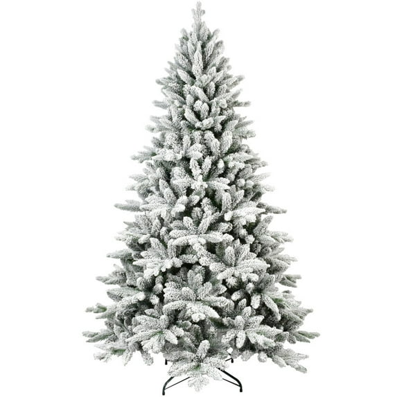 5ft Flocked Christmas Tree with 768 Tips, Realistic PE+PVC Snowy Hinged Tree with Metal Stand, Full Artificial Xmas Tree for Holiday Decoration