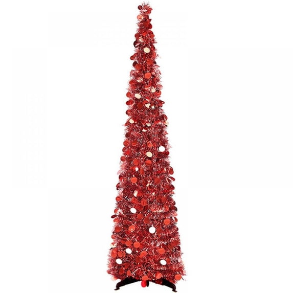 5ft Foldable Artificial Christmas Tree, Pop Up Red Tinsel Coastal Christmas Tree for Holiday Carnival Party Decorations