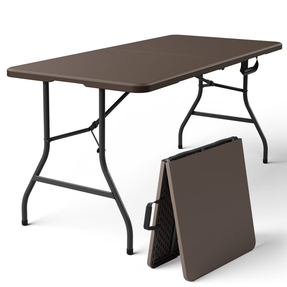 5ft Folding Table - Heavy Duty Fold-in-Half Plastic Table, Portable Utility Tables with Steel Legs for Events, Camping, Indoor & Outdoor Use (Brown)