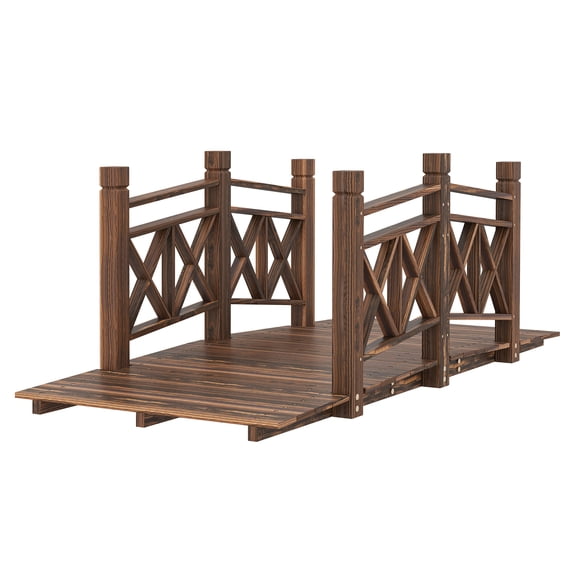 5ft Garden Bridge Wooden Footbridge - Carbonized Fir Wood for Ponds, Creeks, Streams - Backyard Rustic Decor with Handrails