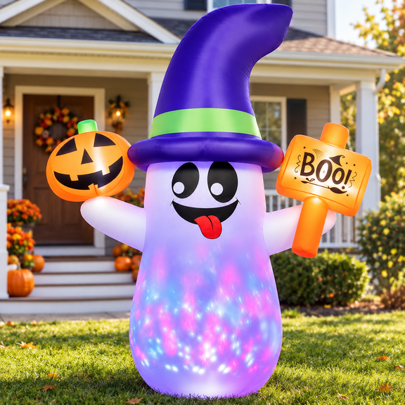 5ft Halloween Inflatable Ghost with Rotating Colorful LED Lights, Blow Up Ghost with Pumpkin & Boo Sign, Outdoor Halloween Yard Decoration for Lawn, Porch, Front Yard
