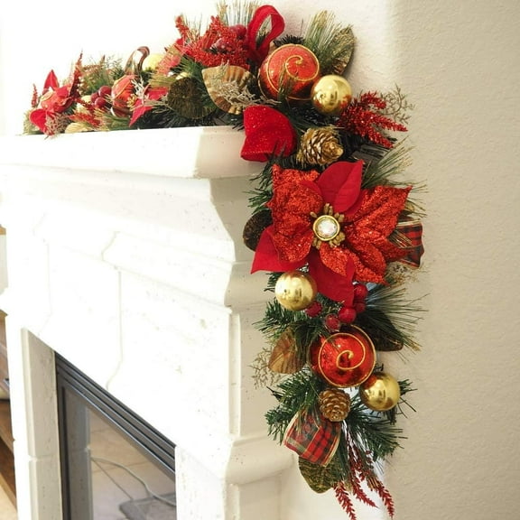 5ft Handcrafted Premium Christmas Garland Red Poinsettia - Unlit, Artificial for Stairs Railing, Banister, Staircase, Fireplace HOLIDAY TREE