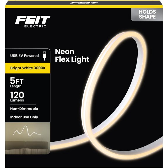 5ft Indoor USB-Powered White Neon Flex Light, 120 Lumens, 3000K Bright Glow, 25,000-Hour Lifetime, Easy-to-Shape Display Lighting for Bedrooms, Dorms, Desks and More, NF5/3K/USB