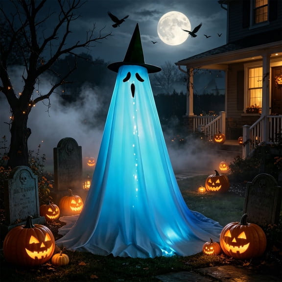 5ft LED Standing Ghost Halloween Decoration Light Up Ghost Yard Porch Outdoor Halloween Party Decor USB Powered Fabric Ghost with Tripod Stand Spooky Atmosphere Prop