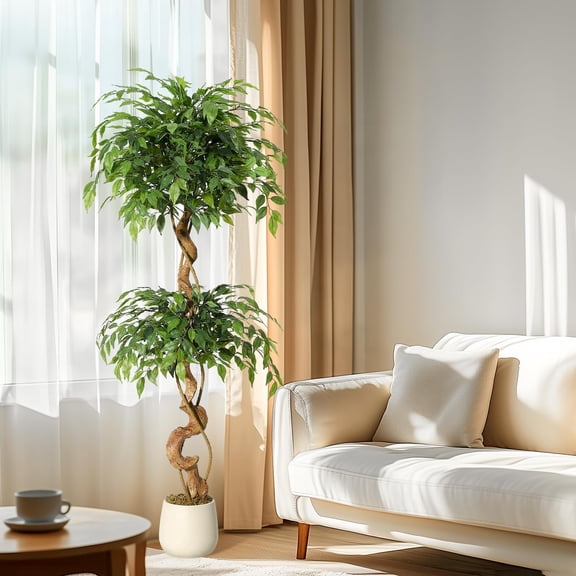 5ft Large Ficus Artificial Trees in Pot, Decorative Artificial Tree with Natural Curved Trunk, Lush Faux Ficus Tree for Home Living Room Office Garden Balcony Decor Indoor