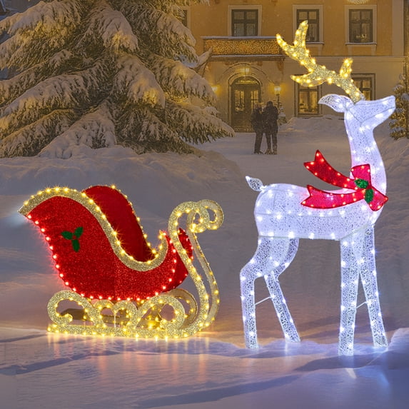 5ft Lighted Christmas Reindeer & Sleigh Outdoor Yard Decoration Set with LED Lights, Red & White