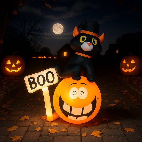 5ft Lighted Inflatable Halloween Pumpkin | with Witch's Cat & Sandbags | Indoor/Outdoor Holiday Decoration