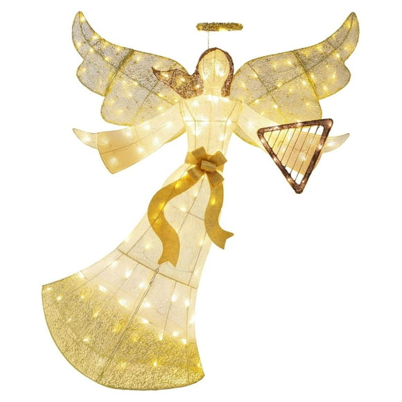 5ft Lighted Outdoor Angel Christmas Decoration, Pre-Lit Winged Holiday Figure for Lawn w/ 140 LED Lights, Harp, Bow, Halo, Zip Ties, Ground Stakes