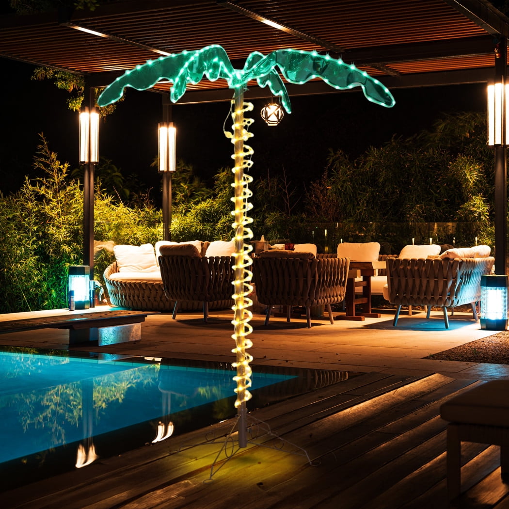 5ft Lighted Palm Trees for Outside Patio, Tropical Light Up LED Palm Tree with 207 LED Lights