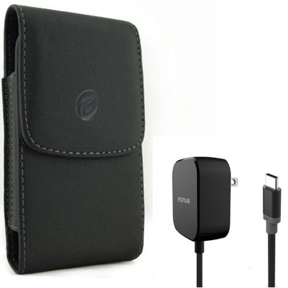 5ft Long 15W Fast Home Charger w Holster Leather Case Belt Clip for Acer Liquid Jade Primo - BLU G9 Pro - Coolpad Suva - Cricket Icon 2 - Google Pixel 3a XL 3 XL 2 XL 5a 5G 4a 5G